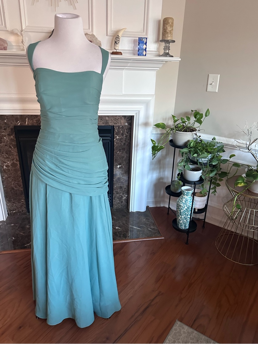 Long Ruched Evening Dress in Teal/Seafoam Blue/Green Sz 6